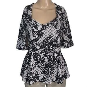 Anthro Postmark Womens Blouse Shirt Leia Lace Print Peplum Top Black Gray Small